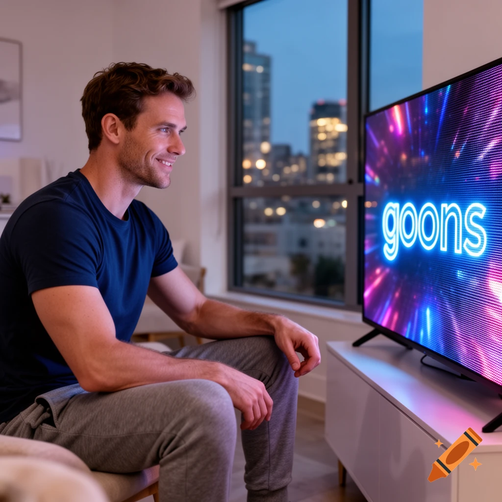 A man watches TV in a modern apartment at night. The TV screen displays the neon word 'goons' amidst bright colorful lights.