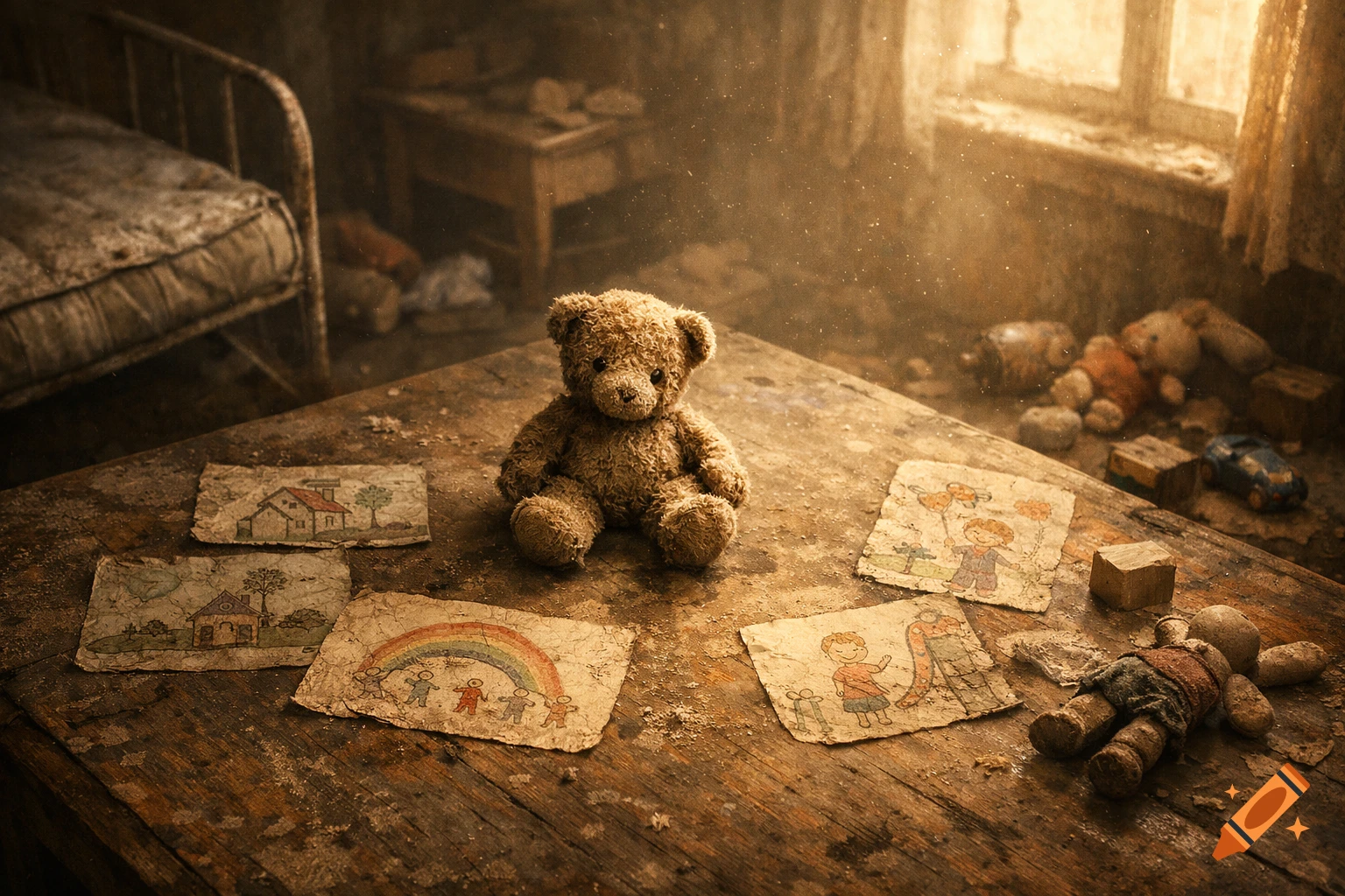 A worn teddy bear sits on a dusty table amidst children's drawings and scattered toys in a melancholic, abandoned room, realistic cinematic style.