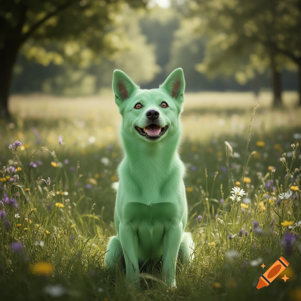 A happy, bright green dog with amber eyes sits smiling in a sunlit field of purple and yellow wildflowers.