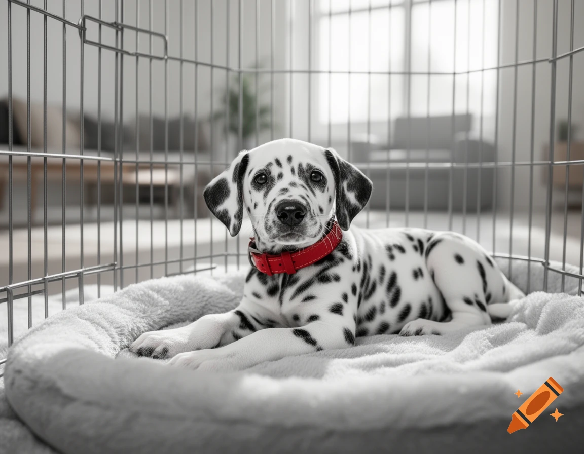 A photorealistic Dalmatian puppy in a red collar lies on a fluffy bed inside a metal dog crate.
