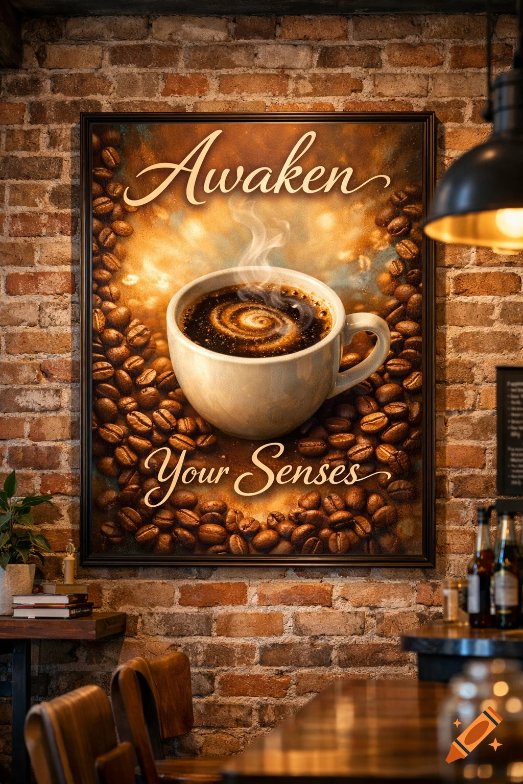 A framed poster on a brick cafe wall shows a steaming cup of coffee surrounded by beans, with the text "Awaken Your Senses".