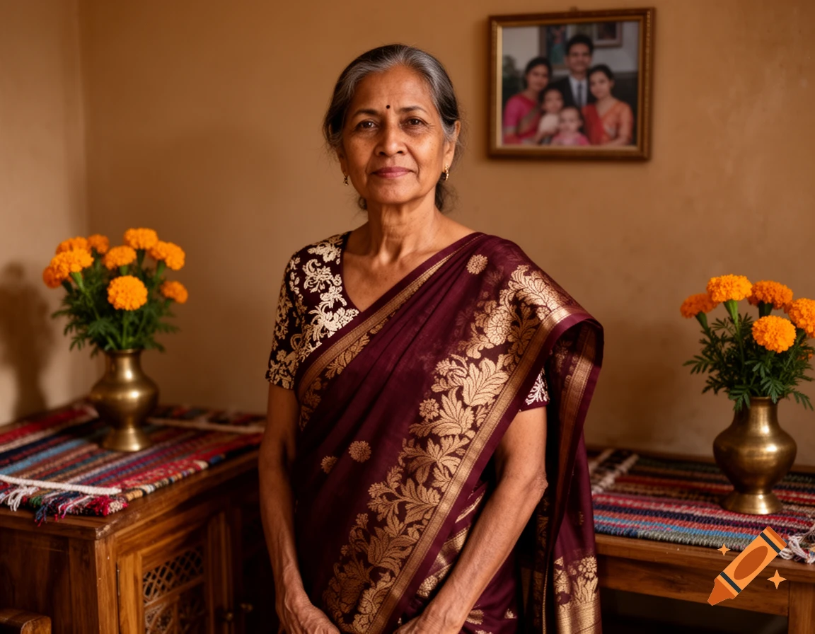 A smiling elderly woman in a maroon and gold sari stands indoors next to flower vases and a framed family photo. Photorealistic.