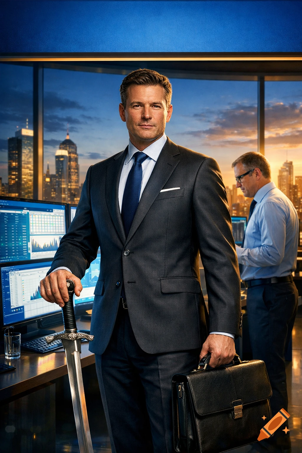 A confident businessman in a suit stands in a modern office, holding a briefcase and a sword, overlooking a cityscape at dusk. Another man works at a computer in the background.