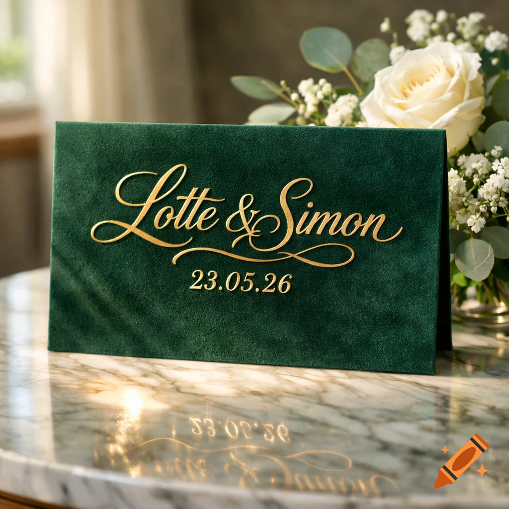 Dark green velvet card with gold 'Lotte & Simon 23.05.26' lettering on a marble table with white roses.