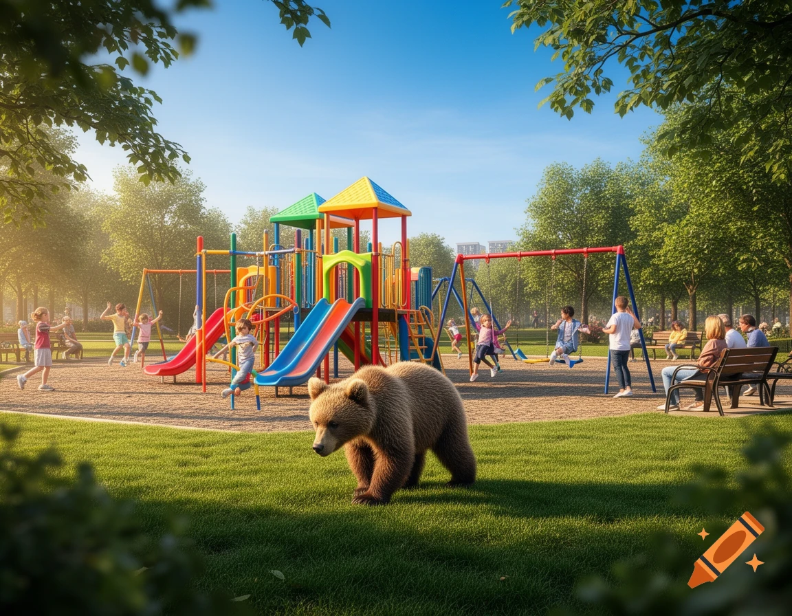 A photorealistic bear cub walks on green grass in the foreground of a sunny park with a colorful playground where children are playing and adults are sitting on benches.