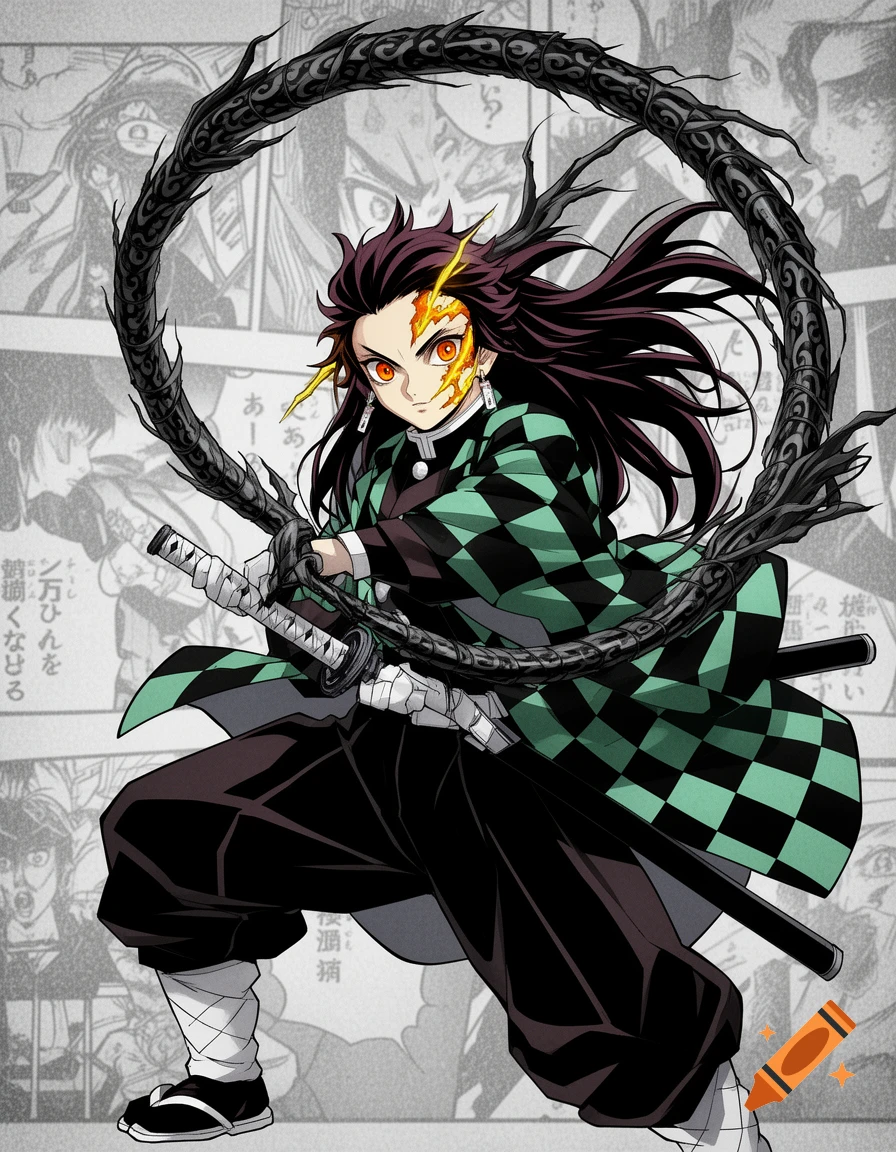 An anime character similar to Tanjiro from Demon Slayer, with long hair, orange eyes, a fiery scar, and a whip, standing in a dynamic pose against a manga panel background.