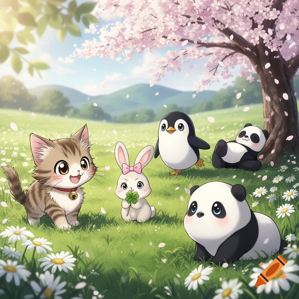 Kawaii cat, rabbit, penguin, and two pandas in a grassy meadow under a cherry blossom tree, anime style.