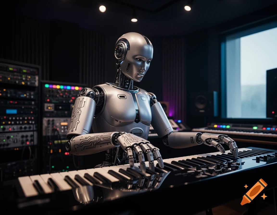 A photorealistic robot plays a synthesizer keyboard in a music studio, surrounded by electronic equipment.