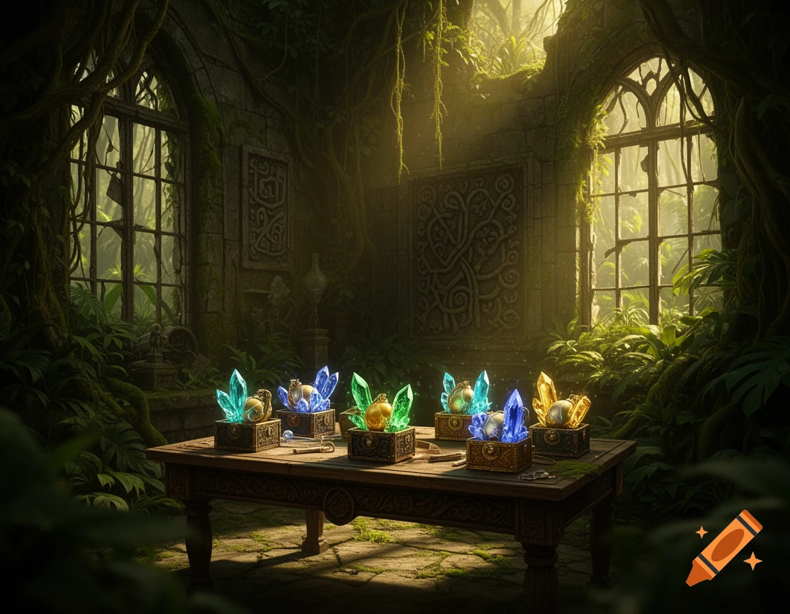 Glowing magic crystals sit on a wooden table in an overgrown, ancient stone ruin bathed in golden light from large windows.