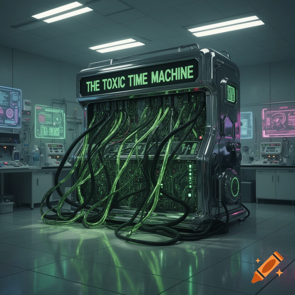 A large, metallic 'THE TOXIC TIME MACHINE' with glowing green circuits and many cables in a futuristic laboratory setting.