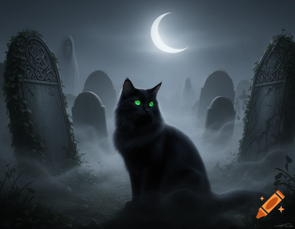 A black cat with glowing green eyes sits in a foggy graveyard under a crescent moon, with ghostly figures in the background.
