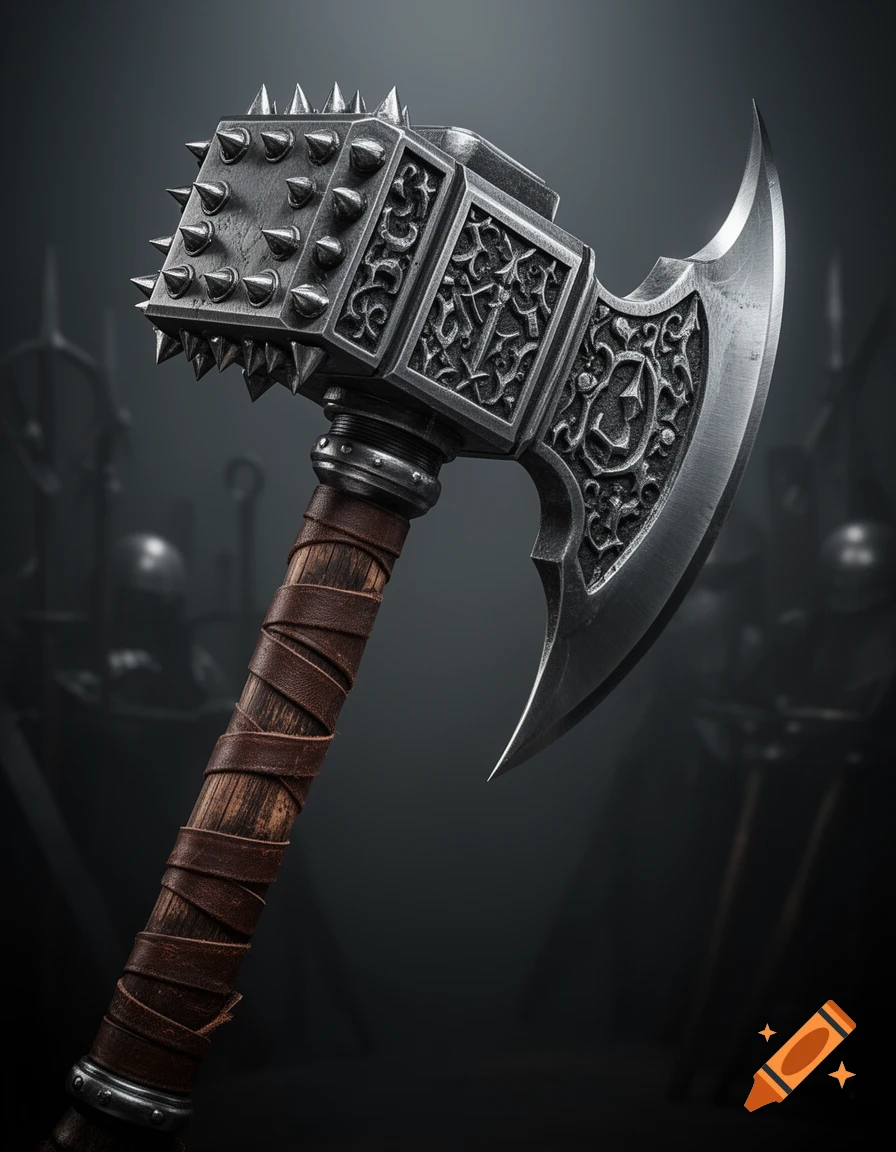 Photorealistic close-up of a detailed warhammer with a spiked hammerhead, an ornate axe blade, and a leather-wrapped handle.