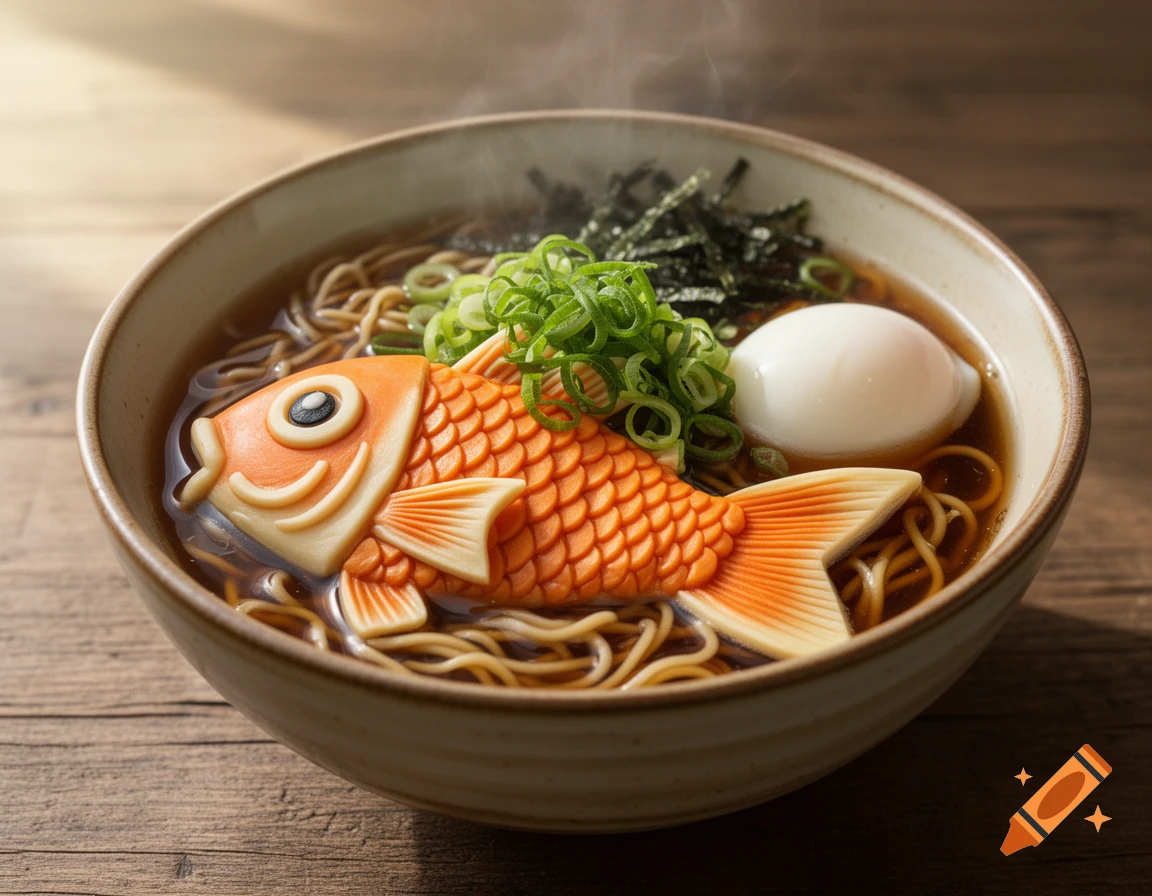 Steaming bowl of ramen with an orange Magikarp-shaped fish cake, green onions, seaweed, and a soft-boiled egg.