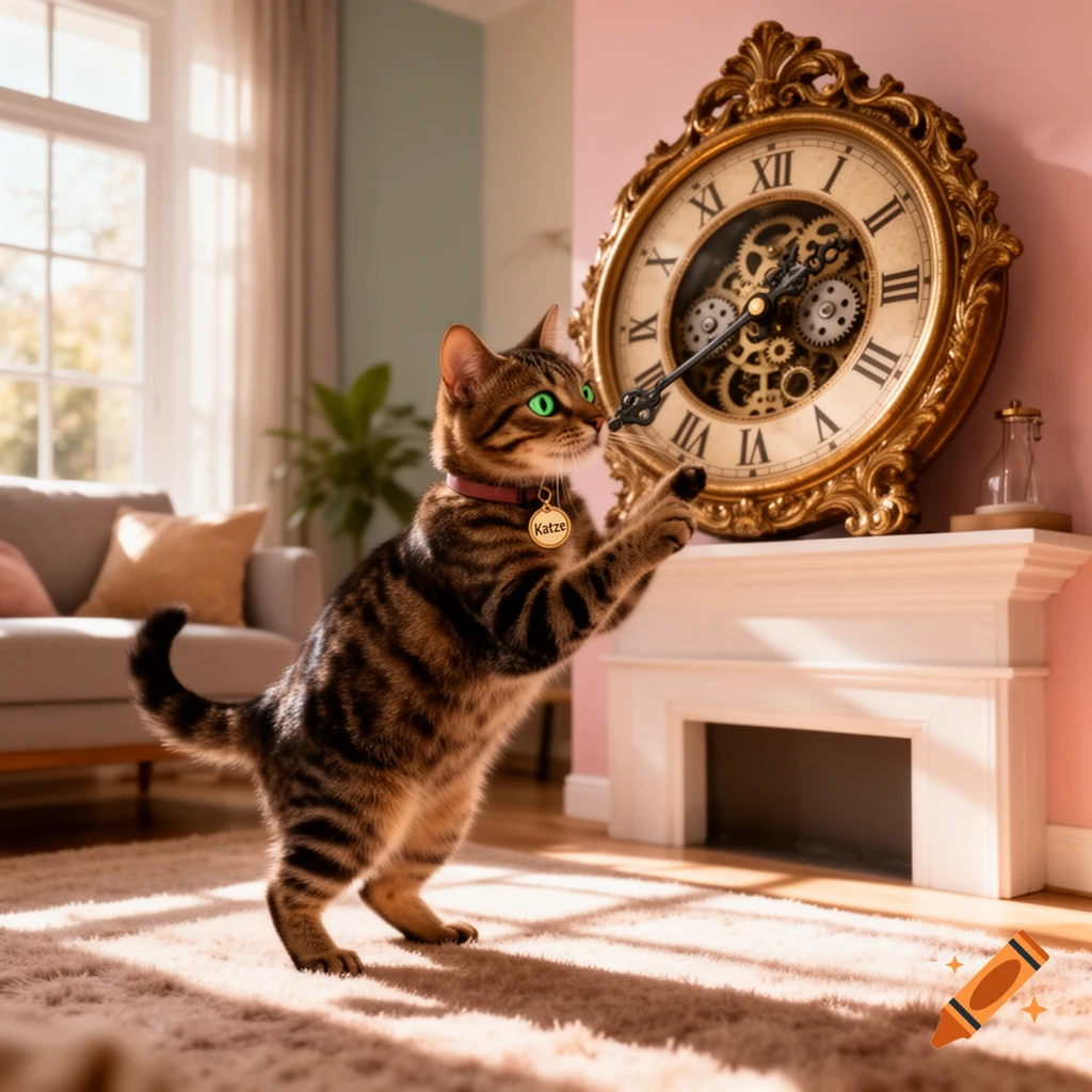 A photorealistic tabby cat stands on its hind legs, reaching out towards a large, ornate golden clock on a mantelpiece in a sunlit room.