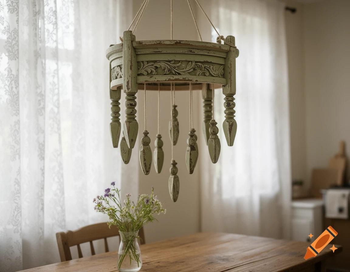 Sage green shabby chic distressed wooden mobile hangs over a rustic wooden table with wildflowers in a bright room with sheer curtains.