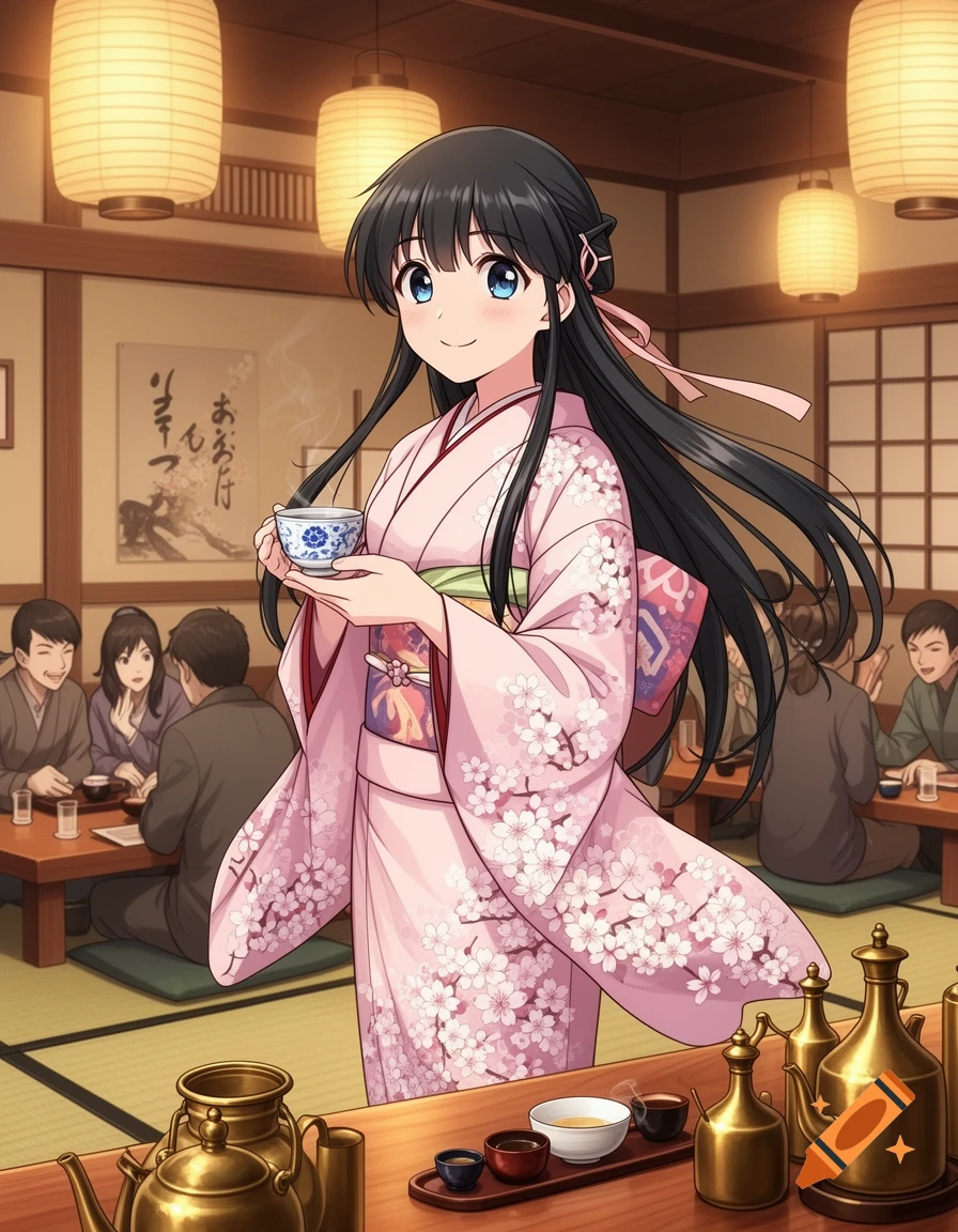 An anime woman in a pink kimono with cherry blossoms holds a steaming teacup in a traditional Japanese restaurant.