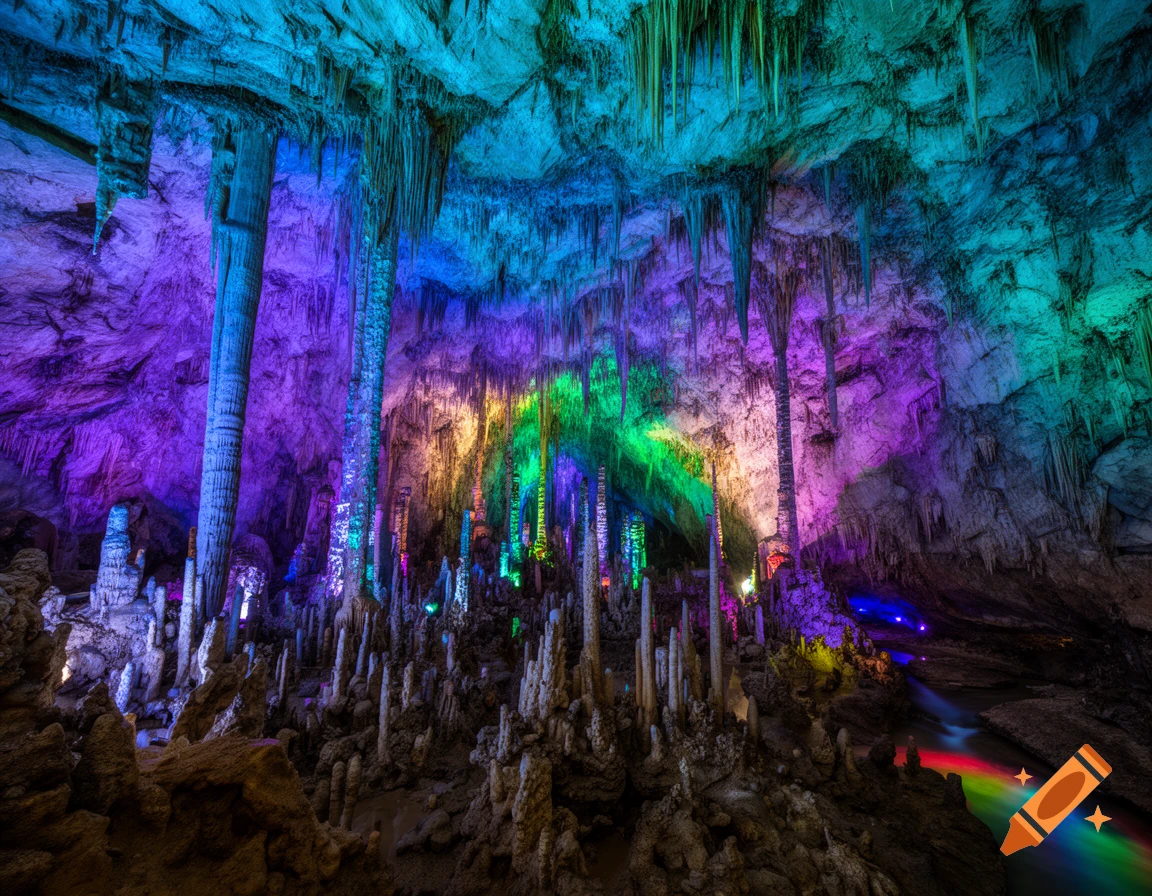 A vast cave interior filled with numerous stalactites and stalagmites, dramatically lit in vibrant shades of blue, purple, green, and red.