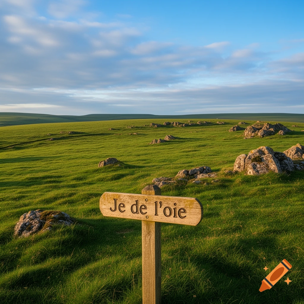A wooden sign reading "Je de l'oie" stands in a vast, sunlit green plateau with scattered rocks under a blue sky.