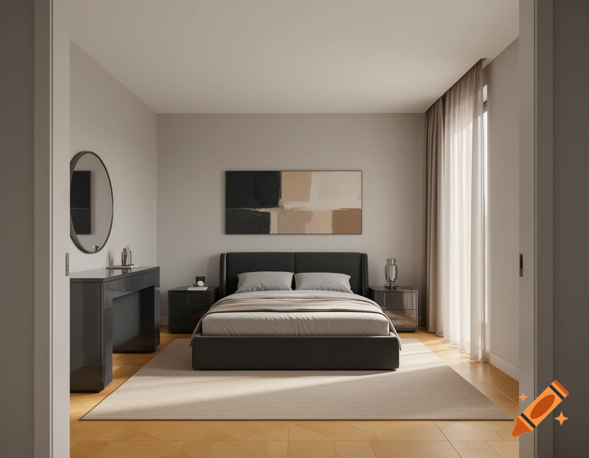 Photorealistic modern luxury bedroom with a dark bed, glossy nightstands, abstract art, a beige rug, and a vanity with a round mirror.