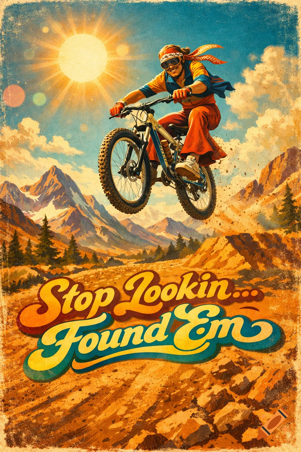 A 70s style poster shows a person on a mountain bike jumping over a dirt mound with mountains and a bright sun in the background. Text reads "Stop Lookin... Found Em".