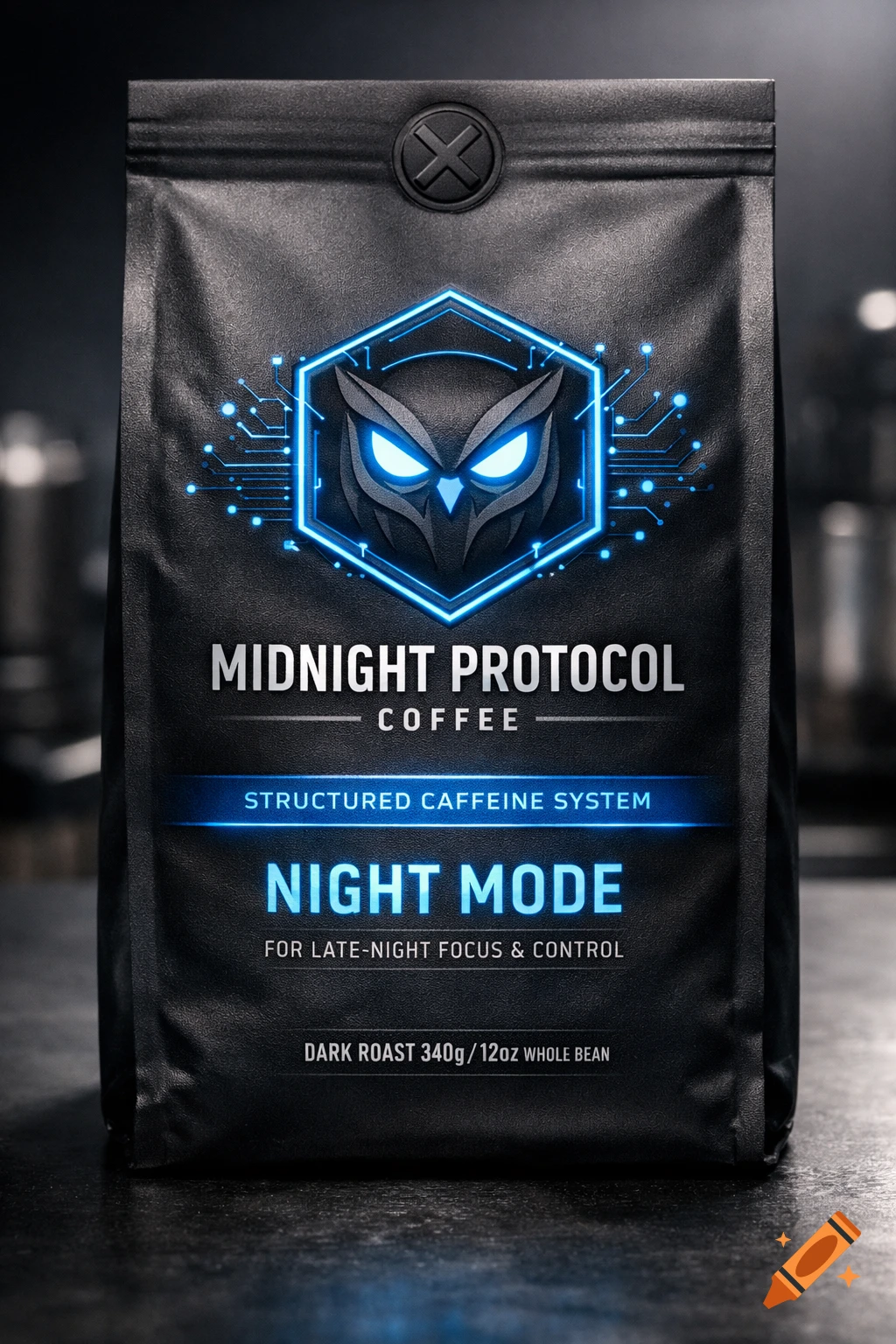 A sleek matte black coffee bag with a glowing blue hexagonal owl logo and circuit lines, featuring "MIDNIGHT PROTOCOL COFFEE" and "NIGHT MODE" text in a high-tech style.