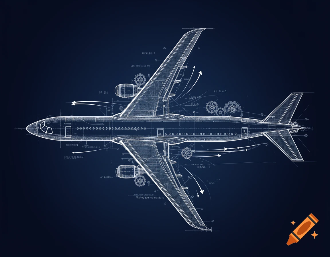 White line drawing of an airplane blueprint on a dark blue background, with technical annotations and arrows.