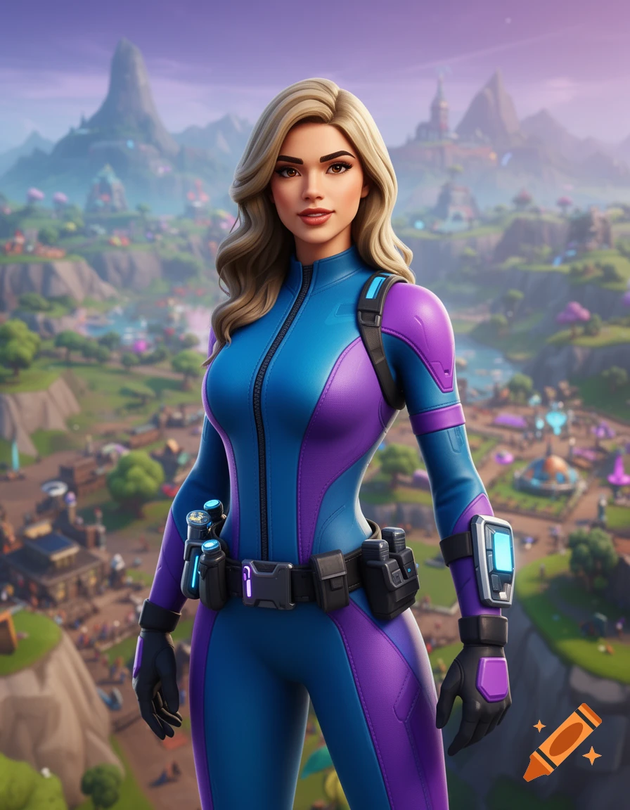 A blonde female character in a blue and purple futuristic suit stands in a vibrant, stylized Fortnite landscape.
