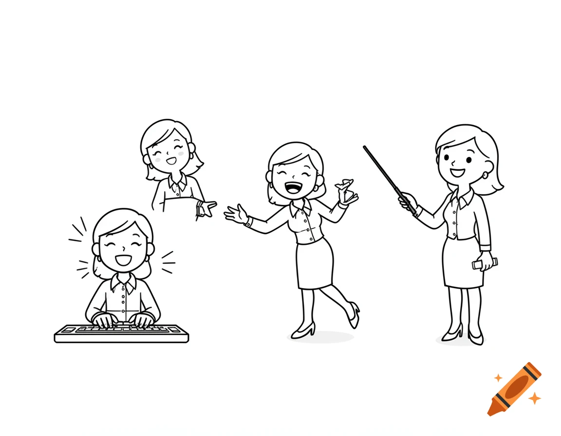 Simple line drawing of a cheerful female office worker in multiple poses, including typing and presenting.