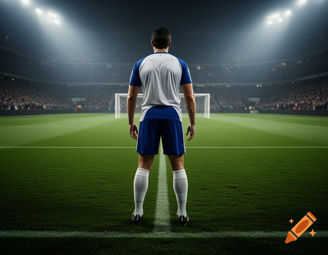 A male soccer player in a blue and white jersey stands on a green field in a stadium, seen from behind.