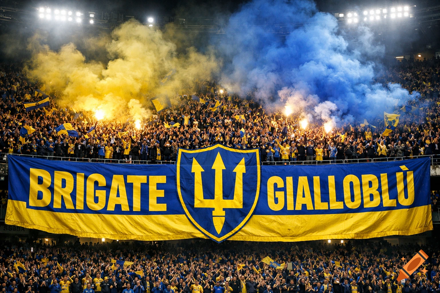 Crowded football stadium at night with a blue and yellow banner reading "BRIGATE GIALLOBLÙ" and a trident. Fans cheer with smoke flares and flags.