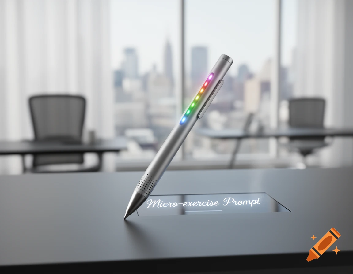 A sleek silver pen with rainbow-colored lights sits on a dark desk in a modern office, showing "Micro-exercise Prompt" text.