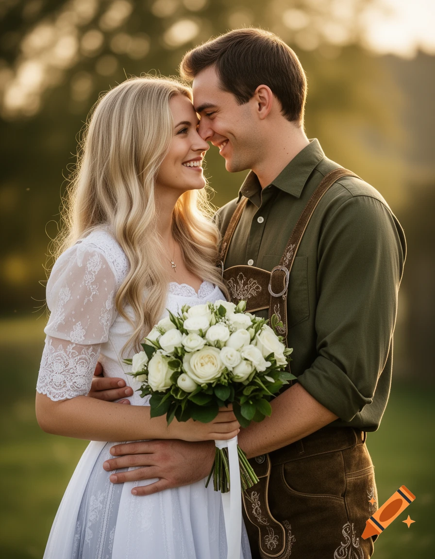 A smiling couple in traditional attire, woman in white bridal dirndl with white roses, man in lederhosen, embracing outdoors.