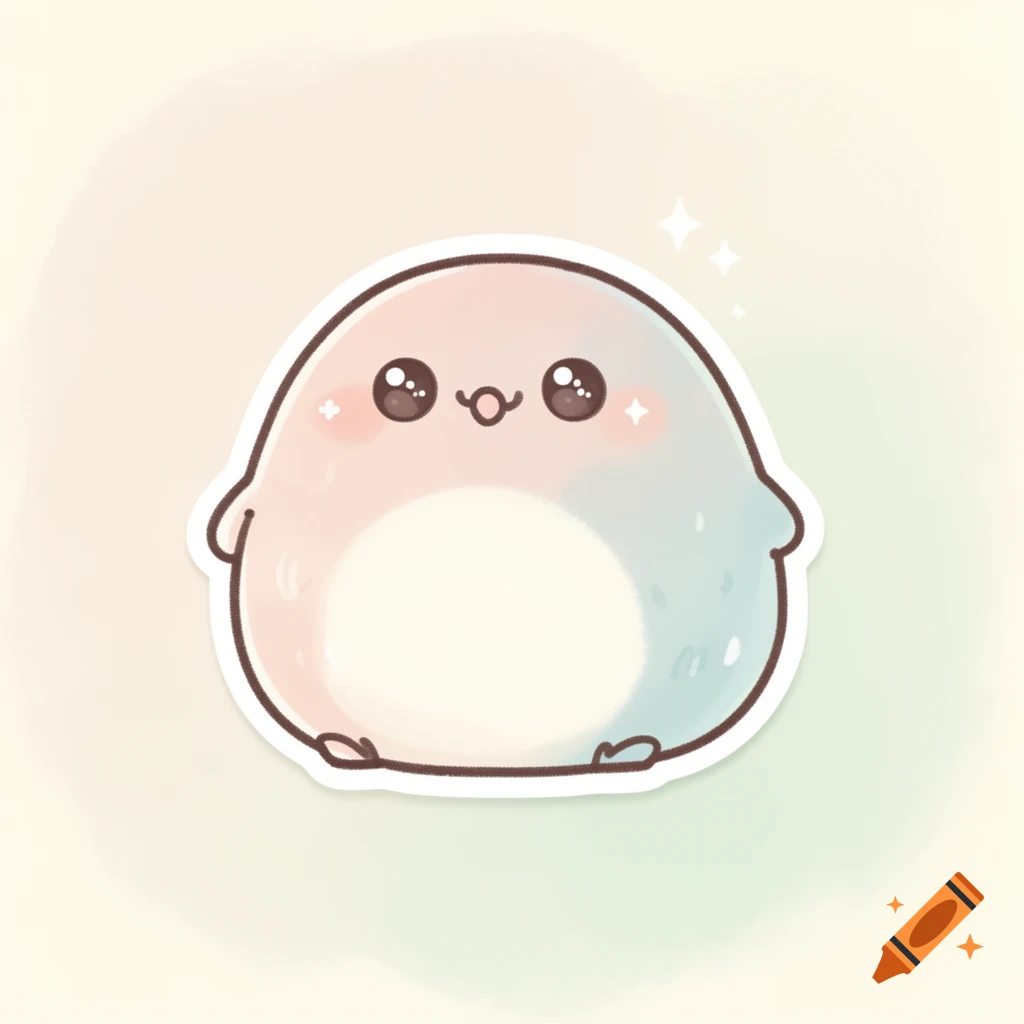 A cute, round, pastel-colored cartoon character sticker with big eyes and a small smile, on a soft gradient background.