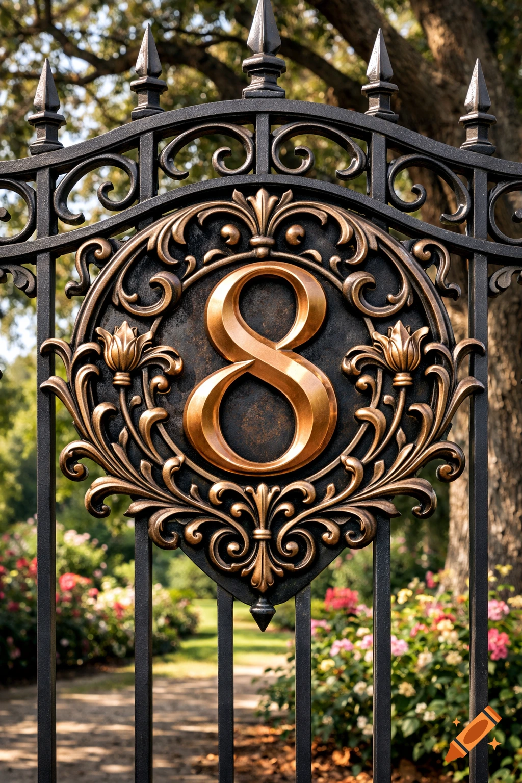 Decorative black garden gate with a bronze number 8 ornament and intricate scrollwork, set against a blurred garden.