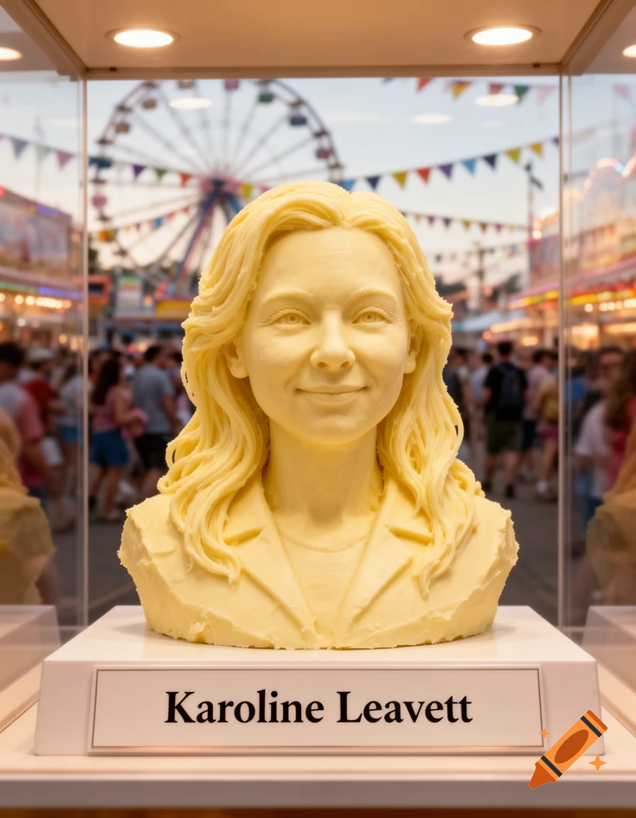 Photorealistic butter sculpture of Karoline Leavett on display at a state fair, with a Ferris wheel in the background.