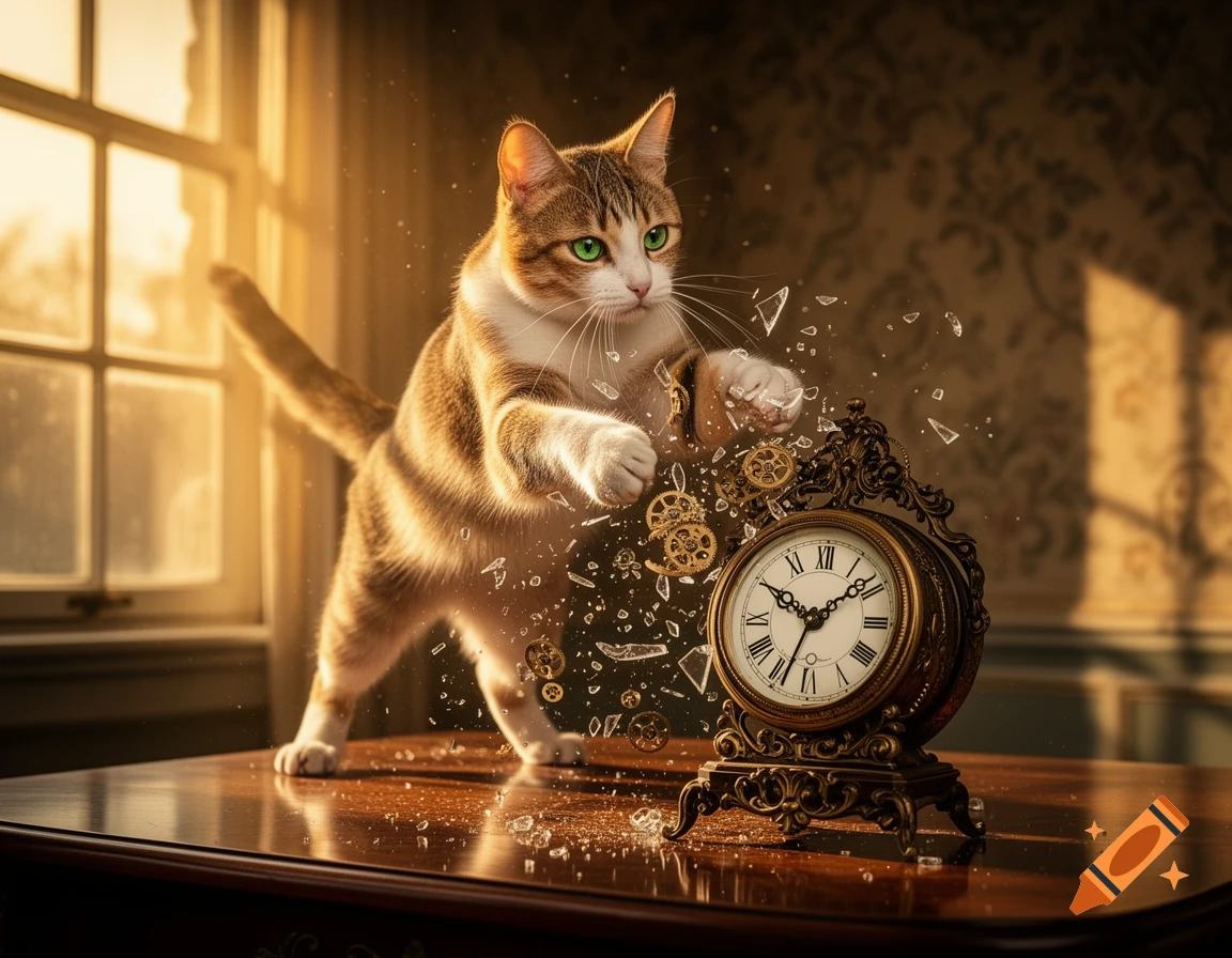 A photorealistic tabby cat with green eyes jumps on a wooden table, shattering an ornate bronze clock into pieces.