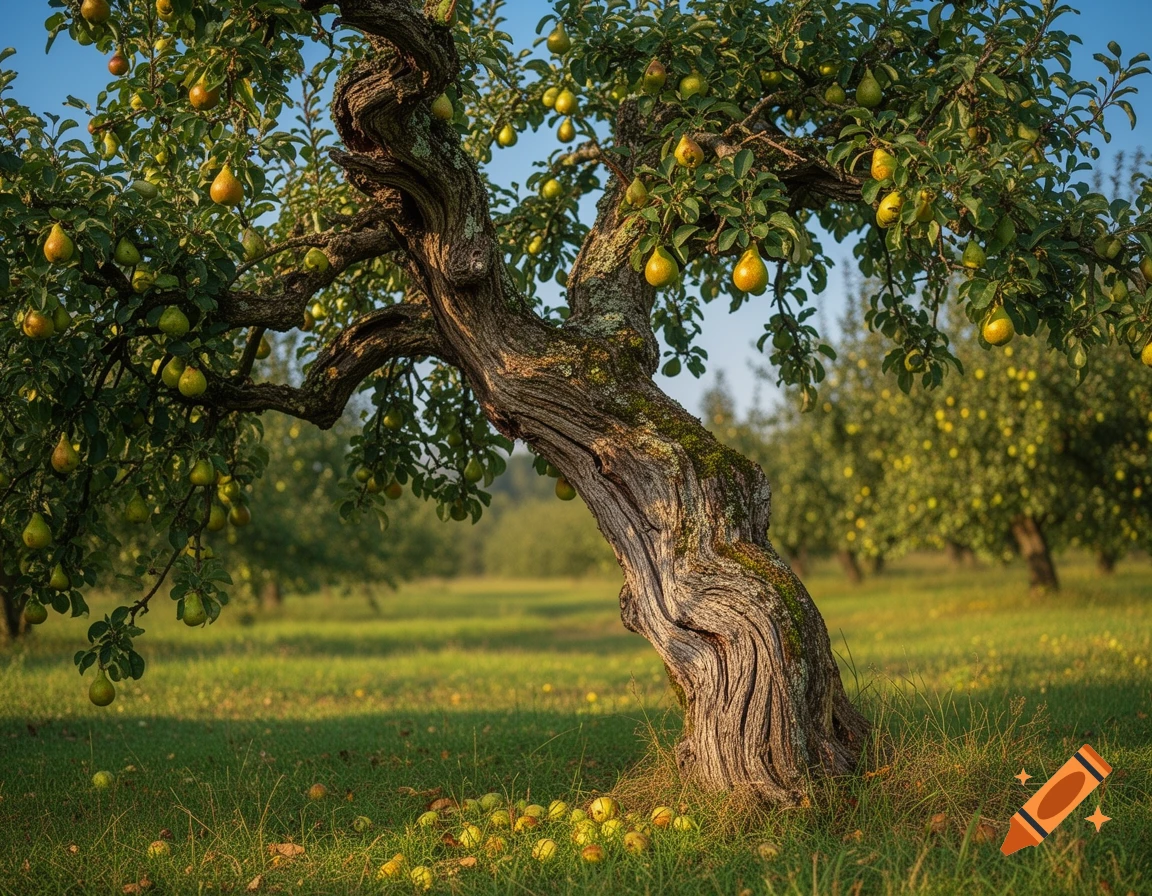 A photorealistic old, gnarled pear tree, laden with ripe yellow-green pears, stands in a sunny green orchard with fallen fruit.