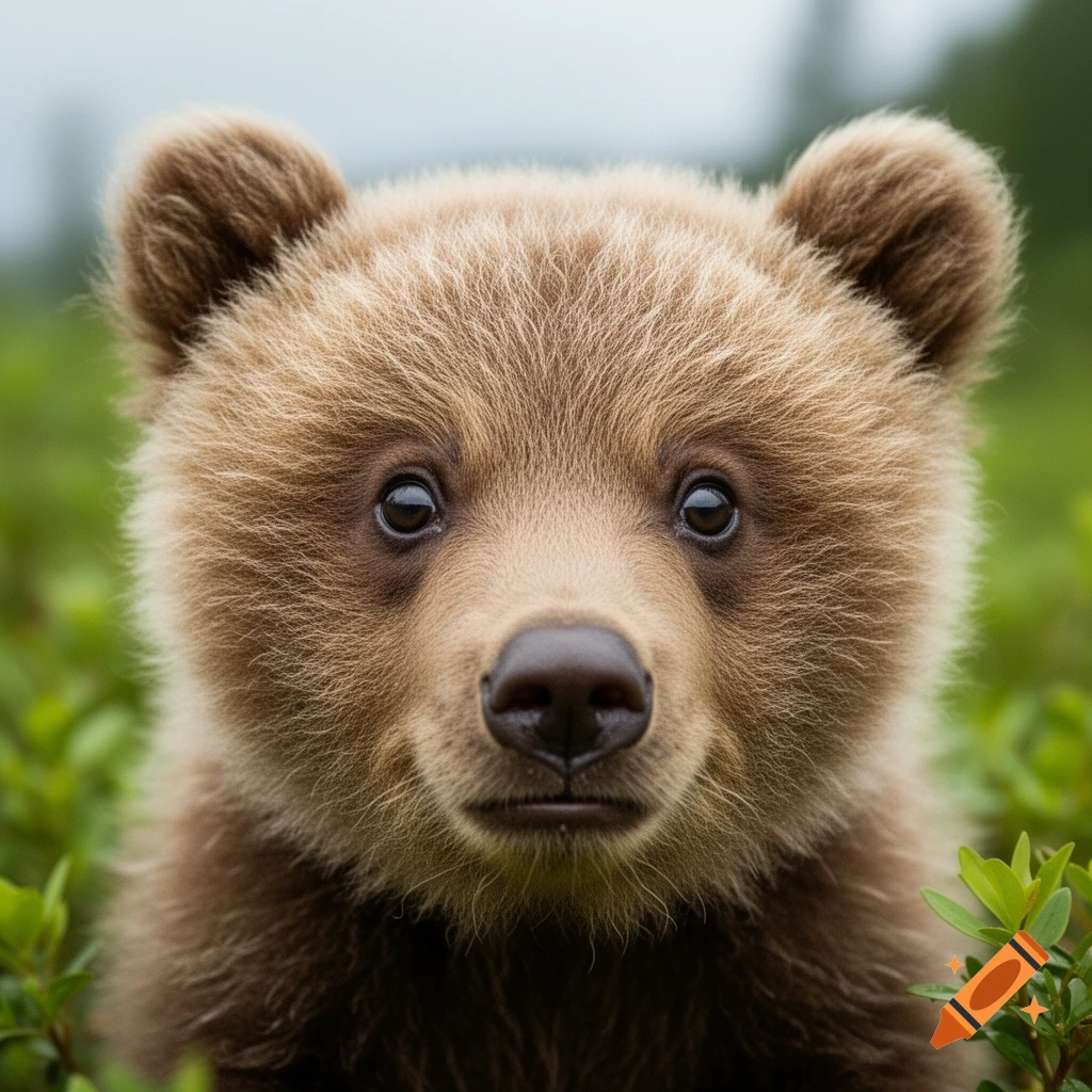 Close-up of a cute brown baby bear cub with dark eyes, peeking from green foliage.