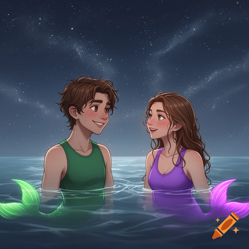 Two smiling mermaid children, James and Marina, with green and purple tails, gaze at each other in the ocean under a starry night sky. 2D illustration.