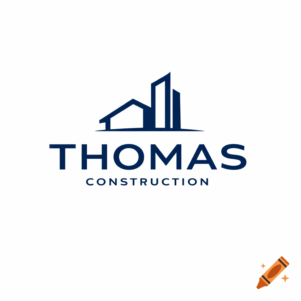 A clean navy blue logo for Thomas Construction, featuring abstract house and building shapes.