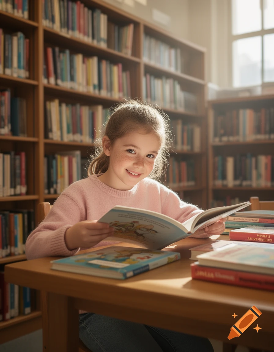 A smiling young girl with freckles reads a book at a wooden table in a sunlit library.