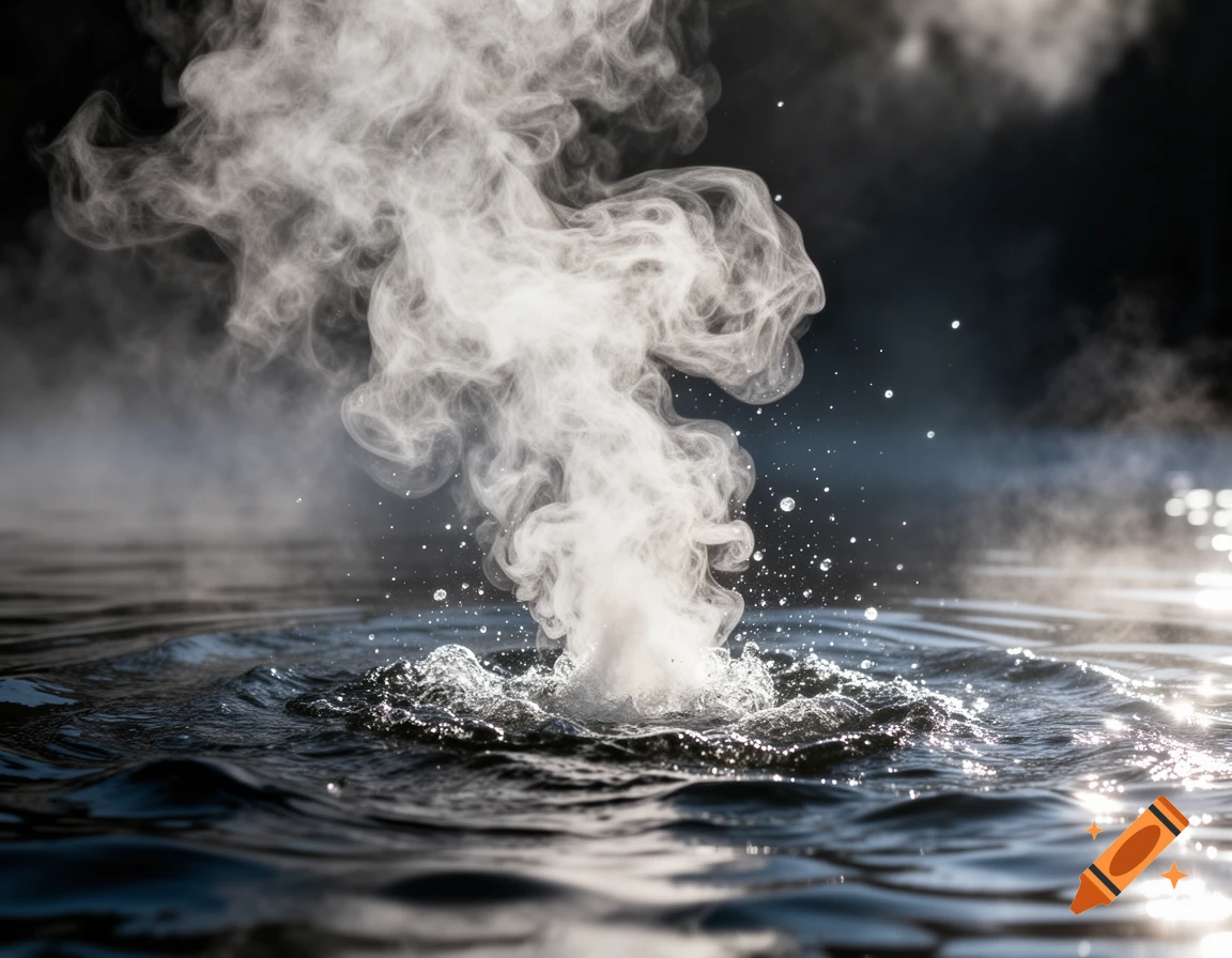 Close-up shot of white smoke or steam rising dramatically from dark, rippling water with light reflections.