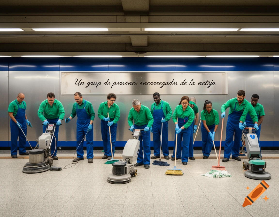 A group of cleaners in blue overalls and green shirts work in a subway station with mops and floor polishers.