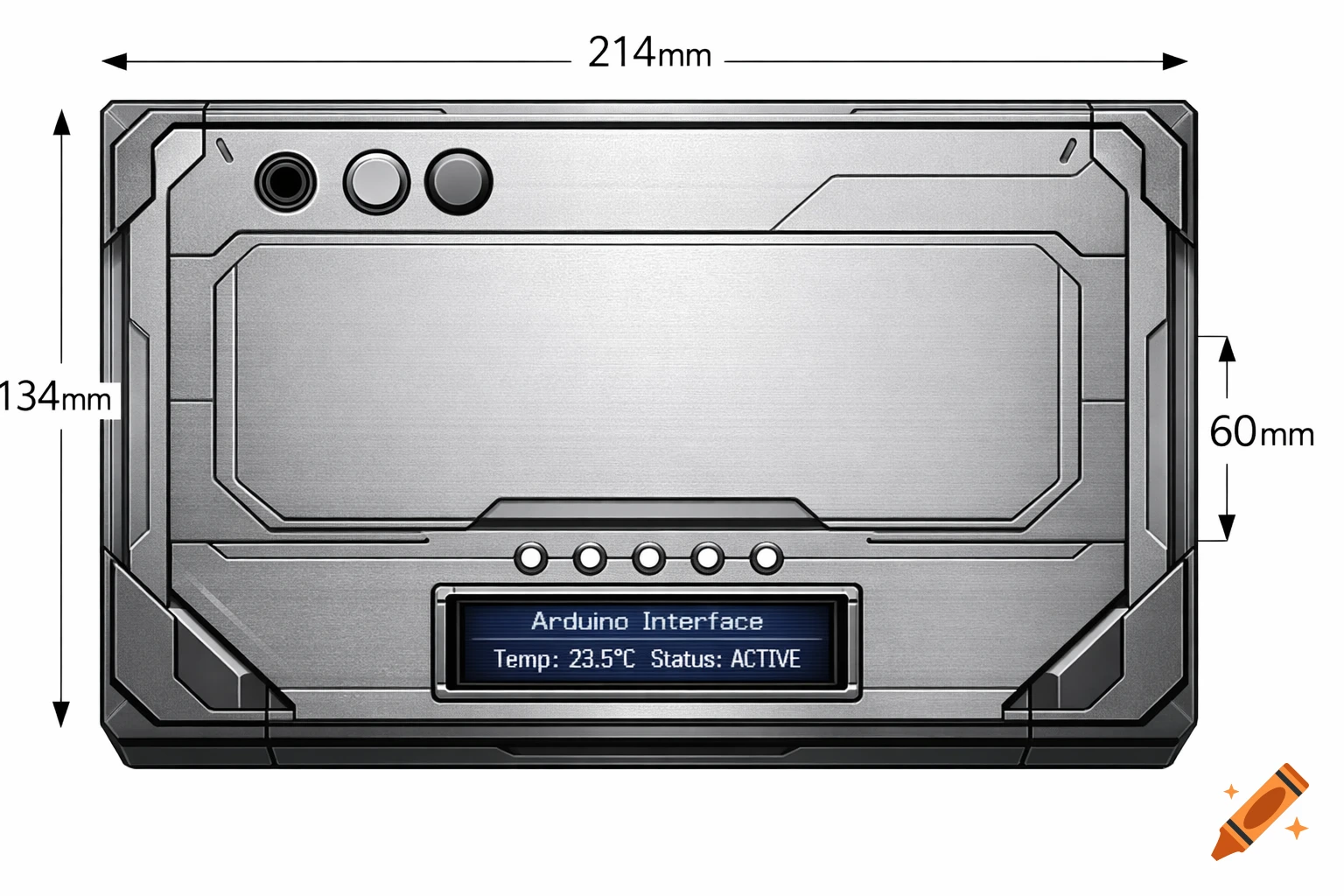 Technical drawing of a futuristic gray box with an 'Arduino Interface' screen, showing dimensions 214mm, 134mm, and 60mm.