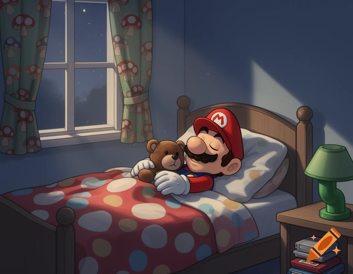 Cartoon Mario sleeps soundly in bed, clutching a teddy bear, with moonlight shining through mushroom-patterned curtains.