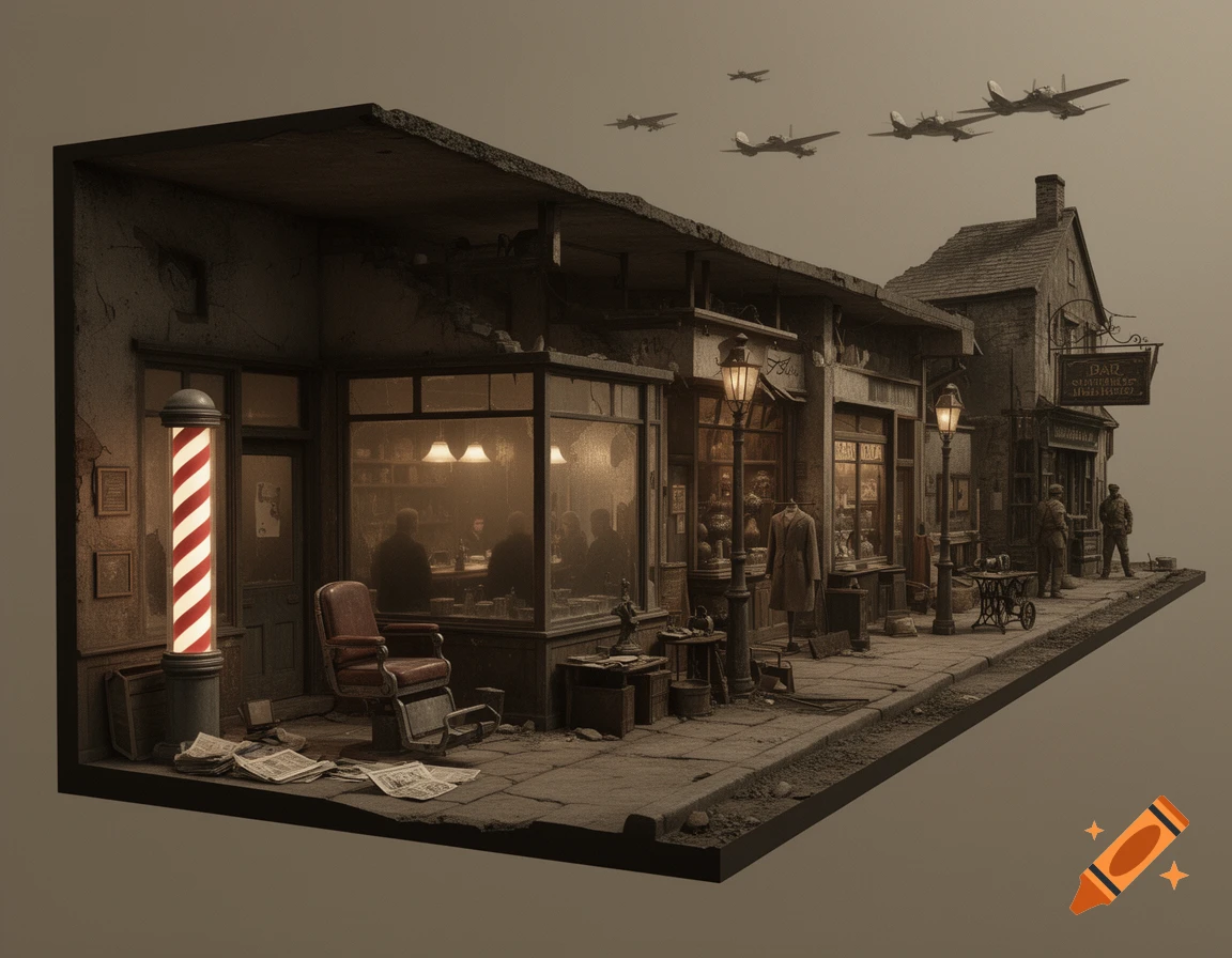 3D cross-section diorama of a shabby street scene in World War II with shops, people, and airplanes flying overhead. A barber pole glows on the left.