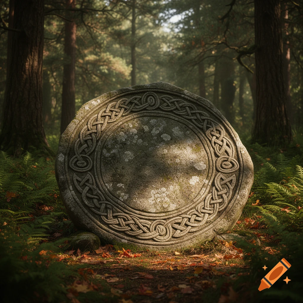 A mossy, circular stone with intricate Celtic knot carvings rests among ferns and fallen leaves in a sun-dappled, misty forest.