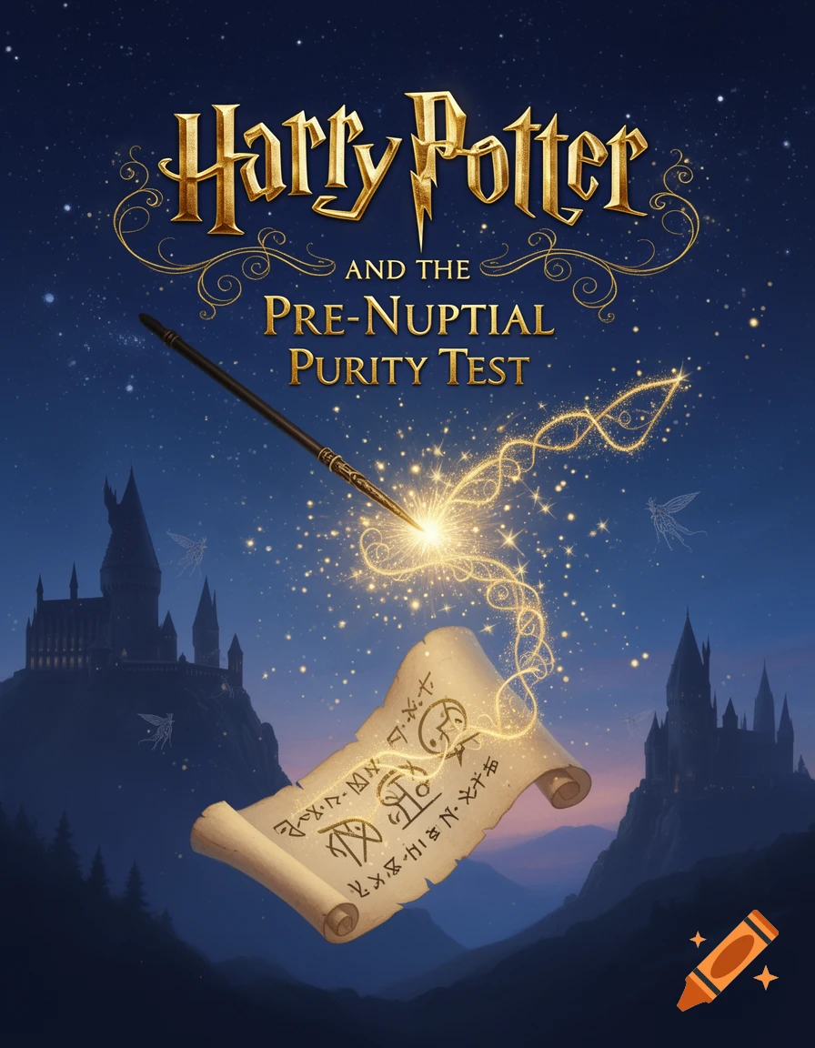 A fantasy book cover for 'Harry Potter and the Pre-Nuptial Purity Test,' featuring a magic wand casting golden sparks over a scroll with symbols, set against a night sky with two castles.
