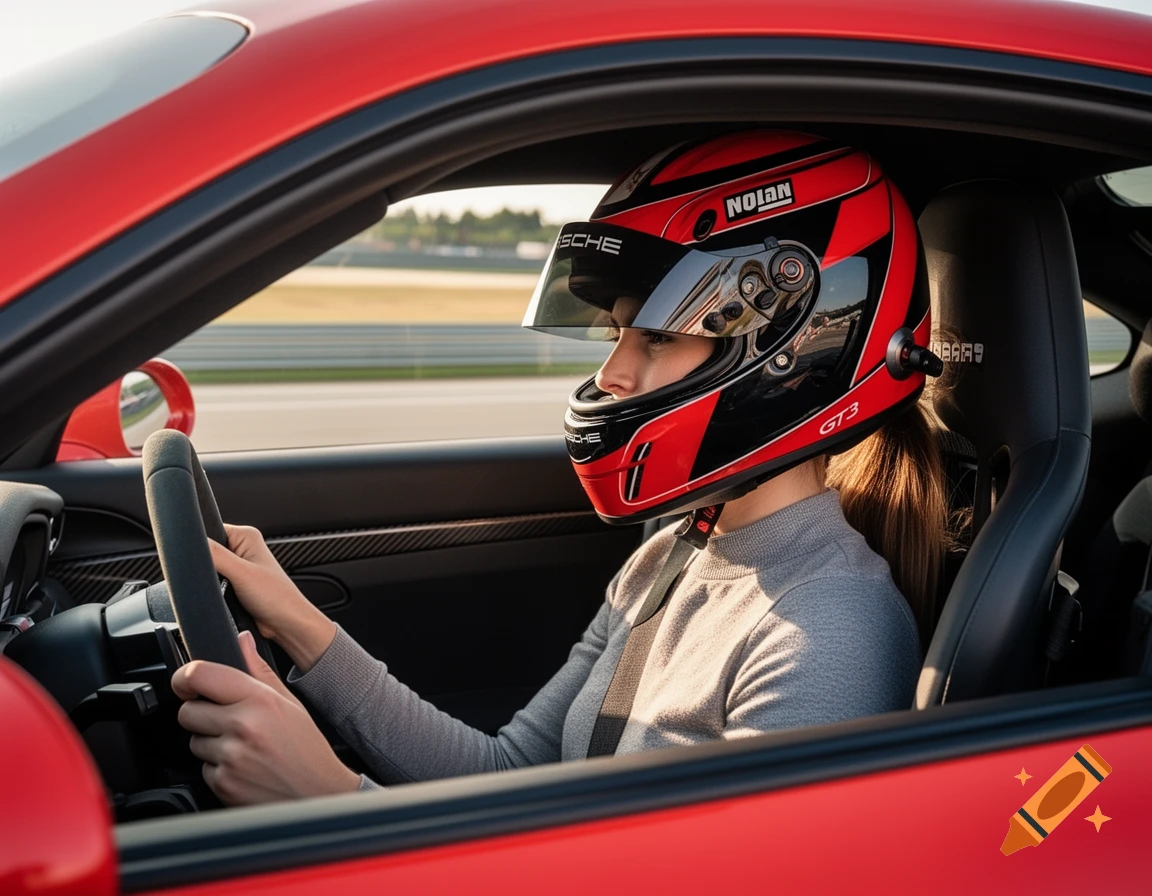 Woman in a red and black racing helmet holding the steering wheel inside a red Porsche 911 GT3 on a track.