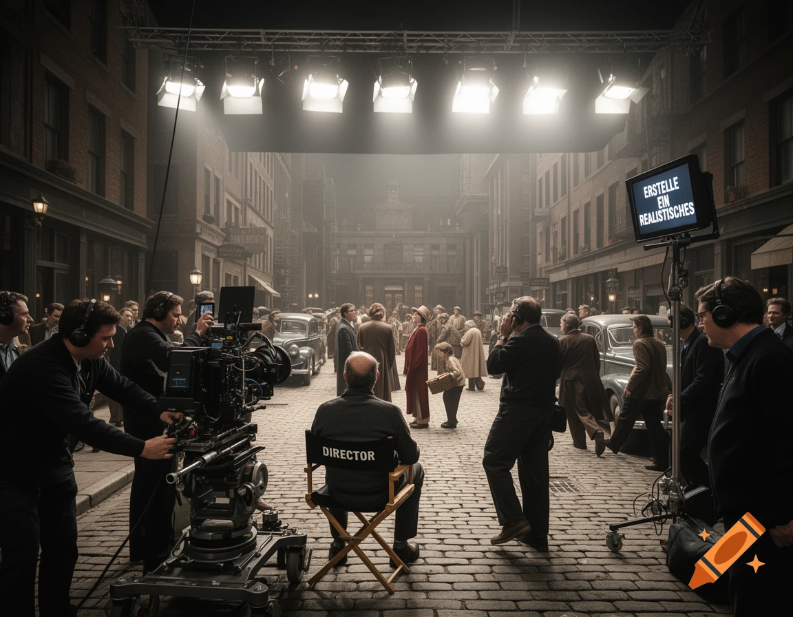 A photorealistic film set on a foggy, cobblestone street at night, with crew operating cameras and bright lights. A monitor displays "ERSTELLE EIN REALISTISCHES" and a chair reads "DIRECTOR".